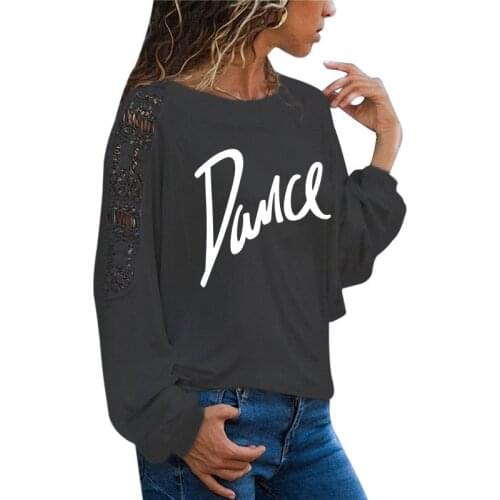 Women Harajuku T-shirt Loose O Neck Long Sleeve Ladies Casual Letter Dance Tops Streetwear Autumn Casual Large Size Lace Tee