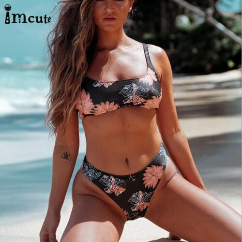 ImCute 2020 Women Bikini Set U-Neck Floral Print Bandage Swimsuit High Waist Thong Brazilian Biquini swimwear Summer Beach Wear
