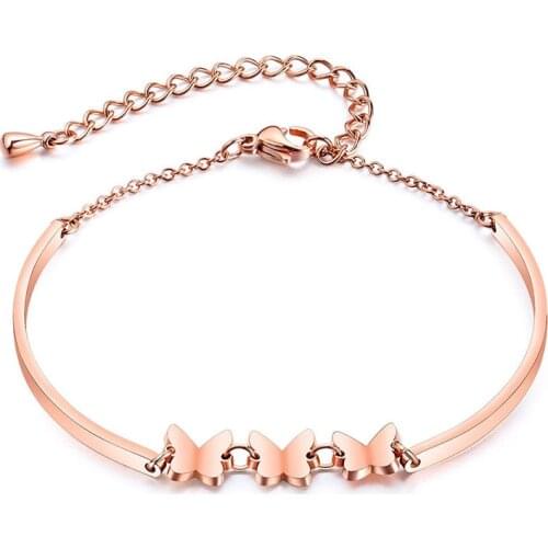 Rose Gold 3pcs Butterfly Charm Bracelets For Women Fashion Wedding Bridal Lady Chain Link Cuff Bracelet Jewelry B18194