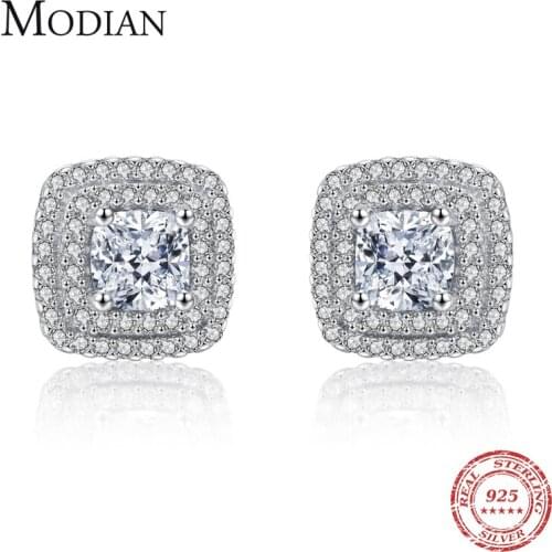 Modian Classic Square Luxury Wedding Stud Earrings Real 925 Sterling Silver Clear CZ Earring For Women Engagement Fine Jewelry