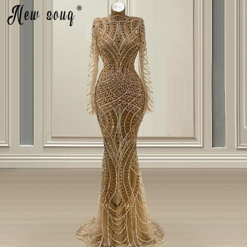 Muslim Long Sleeve Champagne Evening Gowns Luxury Full Beaded Evening Party Dress Mermaid Prom Dresses for Celebrity Robe 2021
