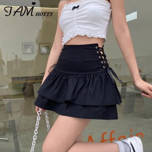 Solid Black Lace-up Tiered Layered Mini y2k Skirt Women Kawaii Dark Academia Gothic Korean Fashion Pleated Skirts Girls Iamhotty