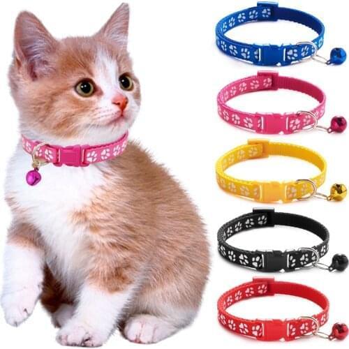 Pet Collars Teddy Dog Cartoon Footprint Cat Collars Bell Tie Cat Pet Puppy Nylon Cute Paw Print Adjustable Kitten Collar