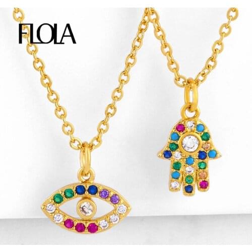 FLOLA Gold Turkish Evil Eye Necklaces for Women Hamsa Pendent Necklaces CZ Rainbow Necklaces Zircon Cute womens Jewelry nkep90