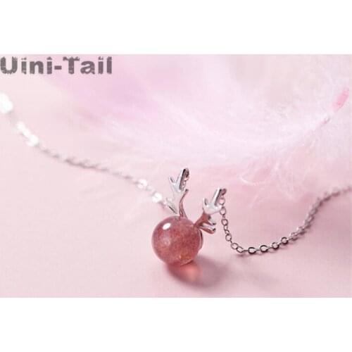 Uini-Tail hot new 925 sterling silver antler necklace Korean small fresh girl heart strawberry crystal cute animal necklace