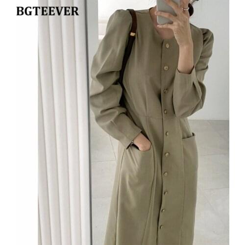 BGTEEVER Office Ladies Single-breasted Mid-length Dress O-neck Slim Waist Female Dress 2021 Spring Elegant Solid Vestidos Femme
