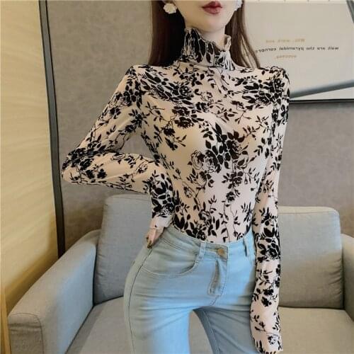 Girls Transparent Flocking Mesh Blouses Shirts Tees Female Turtleneck Sexy Full Sleeve Blouses Tops For Women S786