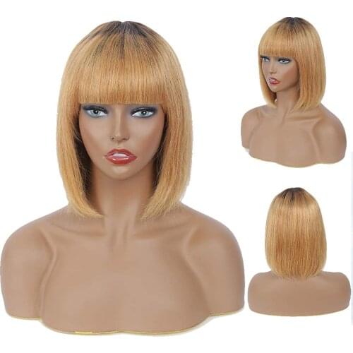 Straight Short Bob Pixie Cut Blunt Honey Blonde 1B27 Ombre Color Non Lace Machine Front Human Hair Wigs With Bangs Remy Line Wig