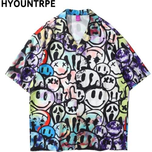 Men Harajuku Smile Face Printed Shirt Casual Button Up Vintage Shirt Tops Hip Hop Loose Harajuku Streetwear Hawaiian Beach Shirt