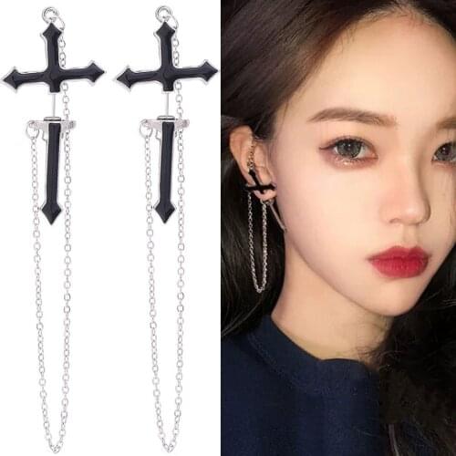Cross Clip Earrings Long chain Fashion Ear Clips Hoop Earring Cross series Earrings Women Girls Jewelry Punk Rock Drop Pendiente
