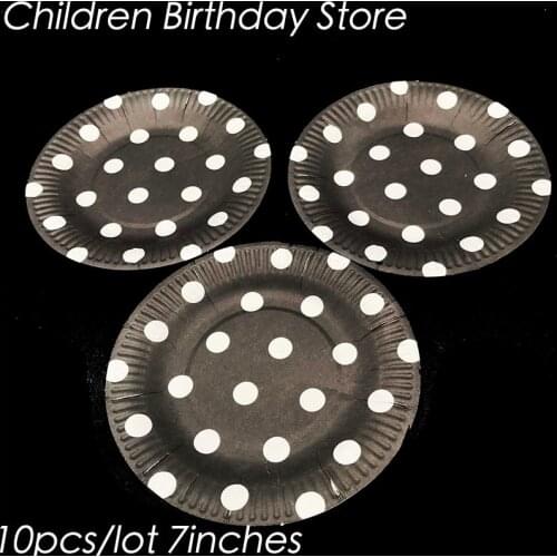 10pcs/lot black dots theme disposable plates polka dots theme birthday party decorations black and white dots paper plates