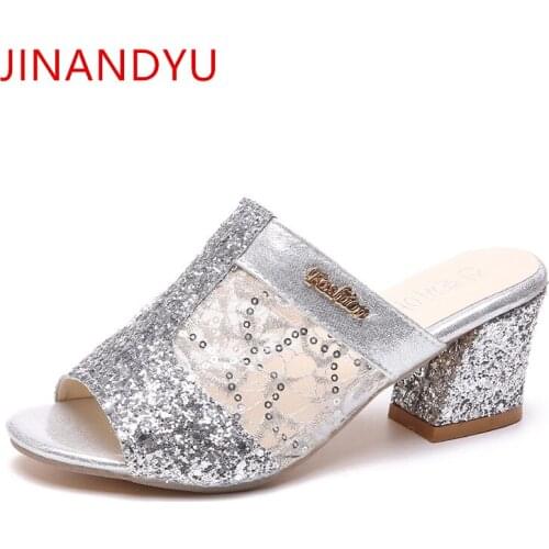 Sequined Cloth Block Heel Shoes Crystal Sandal Open Toe Gold Gladiator Heels Sandalias Elegante Sexy Shoes Women Sandals Flip