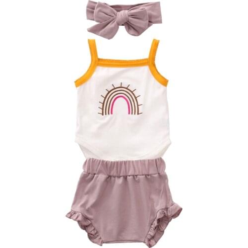 2020 Summer Baby Girls Rainbow Print Square Collar Sleeveless Suspender Top+ Lace-up Shorts+ Headband Set 0-24M Toddler Clothing
