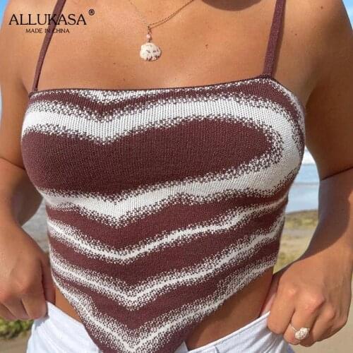 Ladies camisole summer retro heart-shaped print Y2K knitted sexy halter strap knitted corset mini vest casual beach short top