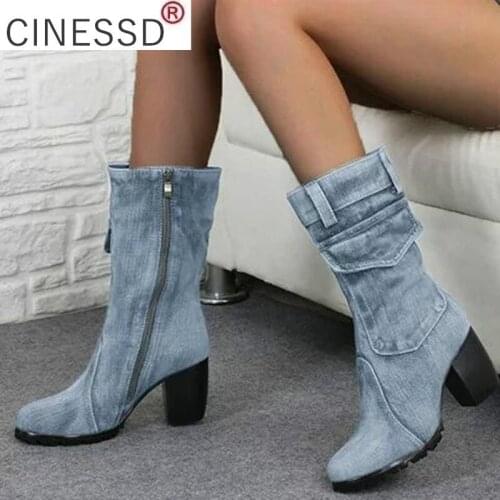 Fashion Autumn Winter Women Boots Denim Women Pointed Toe Cowboy Style High Heels Shoes Knee High Boots
