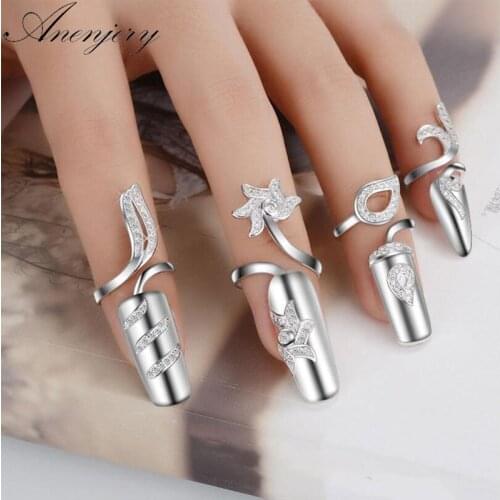 ANENJERY 925 Sterling Silver Zircon Nail Ring Opening Rings For Women 4 Model Fine Jewelry S-R189