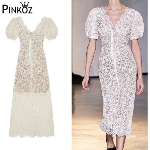Pinkoz Vintage Cream White Lace V-neck Puff Sleeve Midi Dress Crysral HIgh Quality Part Dinner Boho Dresses Summer ropa mujer