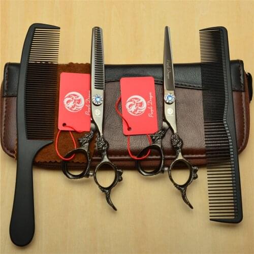 4Pcs/Set 6'' Black 440C Professional Human Hair Hairdressing Scissors Combs + Cutting + Thinning Shears Big Dragon Handle Z9004