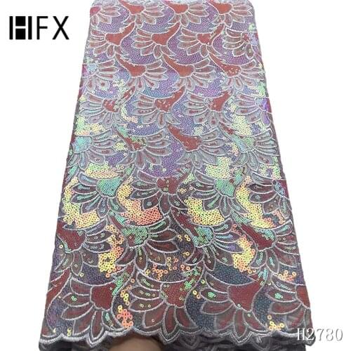 HFX african lace fabric high quality glitter embroidery french nigerian sequins lace fabric tulle lace with sequins fashion party dress
