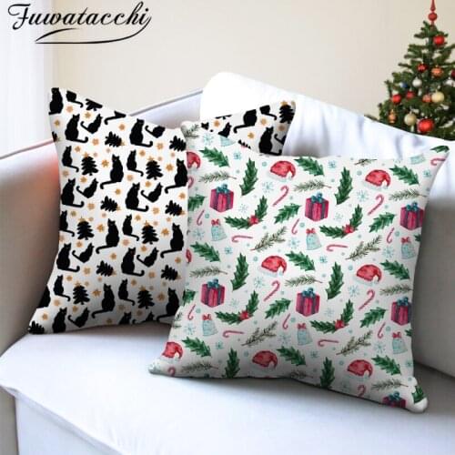 Fuwatacchi Colorful Xmas Tree Printed Pillow Case Christmas Bow Hat Photo Cushion Cover for Home Sofa Decorative Pillowcases New