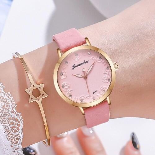 Elegant Women Pink Dress Watches Luxury Fashion Ladies Bracelet Watch Casual Flower Dial Design Female Quartz Thin Leather Clock