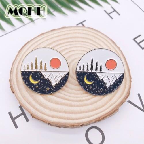 Cartoon Geometry Round Mountain Peaks Suns Suns Enamel Brooches Gold Silver Alloy Badges Denim Clothes Bags Pins Cute Jewelry