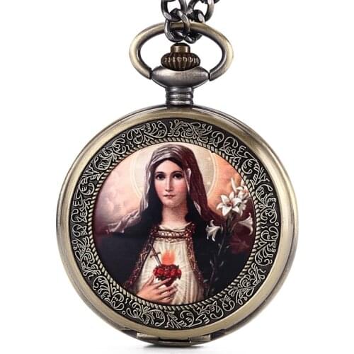 Retro Mary Easter Pocket Fob Watch with Chain Full Hunter Japan Quartz Movt Pocket Clock For Men Gift Male Relogio De Bolso 2020