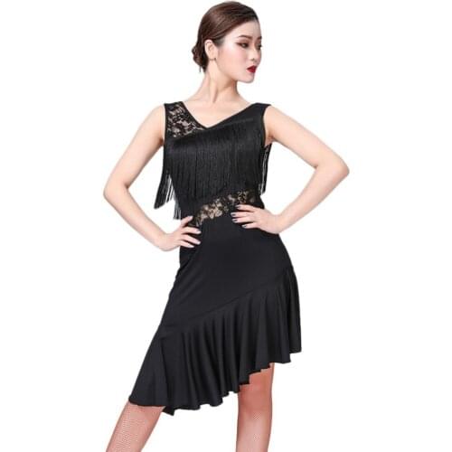 Latin Dance Fringed Lace Skirt Dance Performance Clothing Translucent Slim Dress