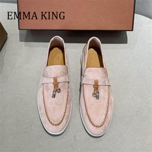 Women Kid Suede Leather Lofers Genuine Leather Slip On Flat Shoes For Women Metal Lock Decor Round Toe Casual Ballets Flat Shoes