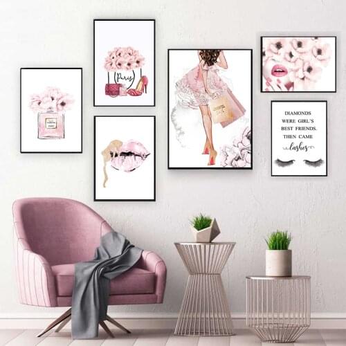 Pink Flower Perfume Fashion Poster Eyelash Lips Makeup Print Canvas Art Painting Wall Picture Modern Girl Room Home Decoration