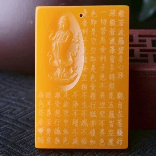 Natural Yellow Jade Guanyin Pendant Necklace Buddhism Sutra Chinese Carved Jadeite Fashion Charm Jewelry Amulet Men Women Gifts