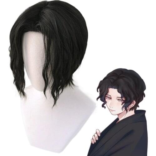 Demon Slayer Kimetsu no Yaiba Kibutsuji Muzan Black Short Curly Wig Cosplay Costume Men Women Heat Resistant Synthetic Hair