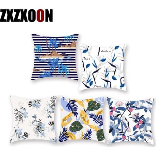Polyester Tropical Plants Blue Pillow Cases Flower Sofa Cushion Cover for Home Living Room Decoration Pillowcase 45x45cm