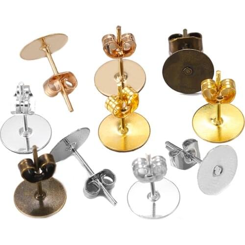 100pcs/lot 4-10mm Bronze Rhodium KC Gold Metal Blank Post Earring Studs Base Pins With Earring Plug Ear Back For Jewelry Makings