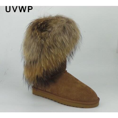 Top Fashion Womens Natural Real Fox Fur Snow Boots 100% Genuine Leather Women Boots Female Warm Winter Boots Non-slip Shoes