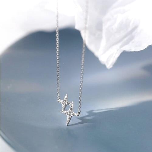 Fashion Womens S925 Silver Platinum Plated Four-pointed Star Shiny Zircon Pendant Personalized Necklaces P234