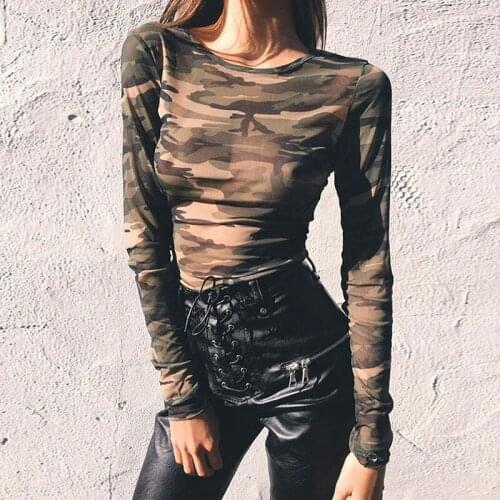 Women Crop Tops Summer Autumn Camouflage Print Tees T-shirt Fashion Basic Long Sleeve O-Neck Sexy Short Women T Shirts