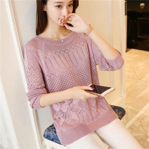Summer Crochet Hollow Out Pullovers Women Knitted Thin Tops Long Sleeve Casual Ladies Pull O-Neck Jumper Female Sueters De Mujer