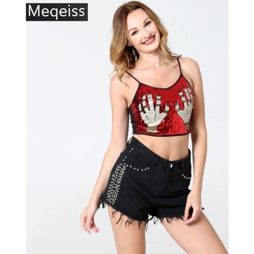 Meqeiss Sleeveless Crop Top Shirt 2019 New Fashion Heavy Cartoon Hands Sequins T Shirts Women V-neck Sexy nightclub party blouse