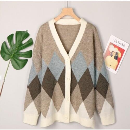 Argyle Knitted Sweater Women Cardigan Autumn Winter Oversized Sweater V Neck Single Breasted Knitwear Loose Sueter Mujer