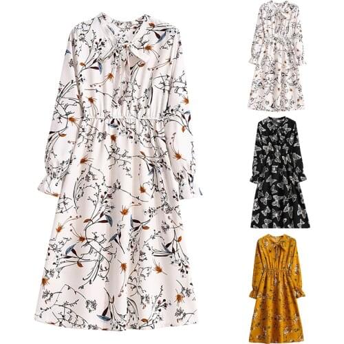 Women Bowknot Nack Bottoming Dress Slim Long-sleeved Elastic Waist Mid-length Floral Dress Spring Autumn Elegant Ladies Dresses