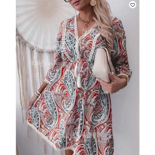 Tassel Dress Women Bohemian V Neck Floral Print Tassel Drawstring Long Sleeve Dresses Women Mom
