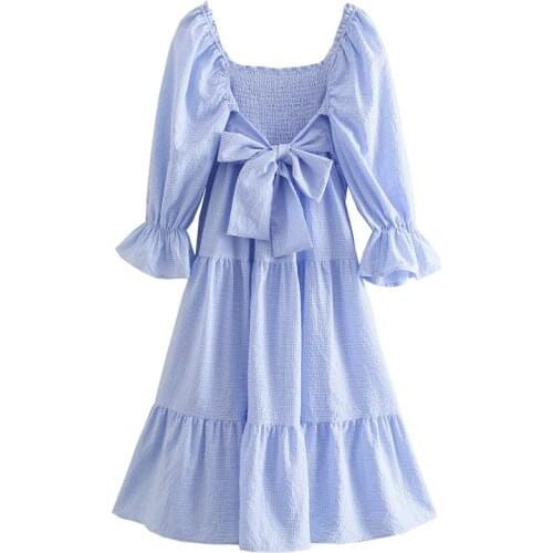 Vintage Elegant Blue Plaid Woman Dress 2021 Spring Summer Casual Long Sleeve Midi Dresses for Women Vestidos