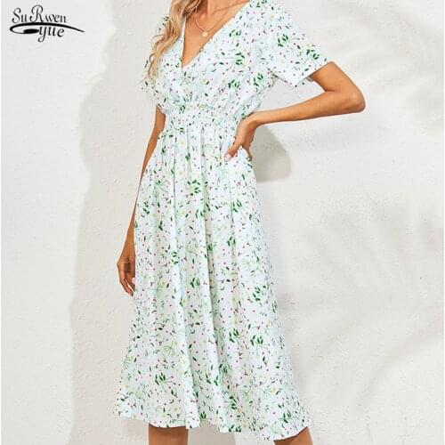 Summer New Chiffon Beach Dress Fashion Casual V-neck Short Sleeve A-line Women Midi Dresses White Floral Printing Vestidos 14872