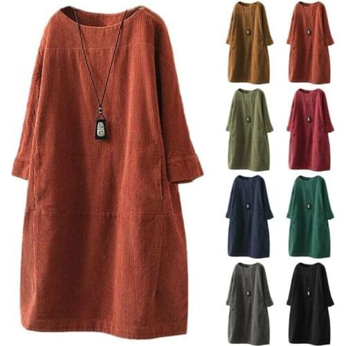 Womens Vintage Corduroy T-shirt Dress Casual Loose Long Sleeve Tunic Blouse Tops