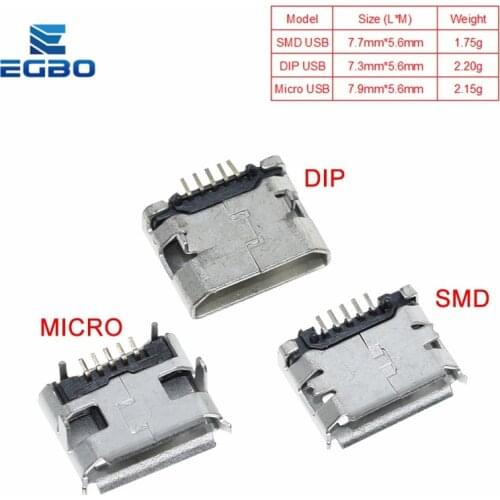 10pcs EGBO Micro USB 5P,5-pin Micro USB Jack,5Pins Micro USB Connector Tail Charging socket mini USB