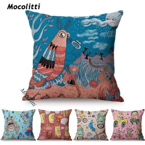 18" Happy Cartoon Comic Funny Animals Play Pattern Print Sofa Throw Pillow Case Kids Room Decorative Cotton Linen Cushion Cover