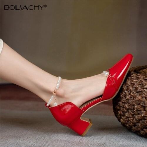 2021 Fashion Exquisite Sweet With Pumps Square Toe Women Shoes String Bead Med Chunky Heels Slingbacks Sandals Zapatos de mujer