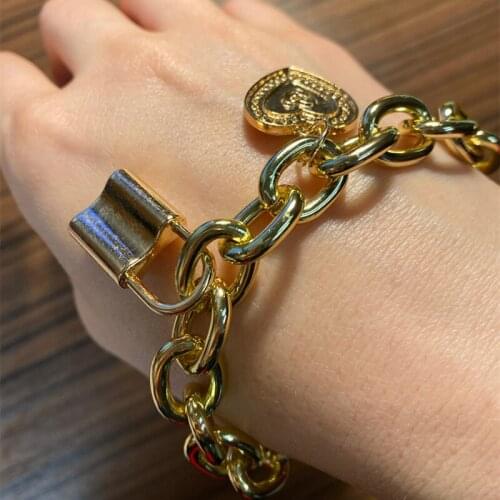 Lovers Lock Bracelets Bangles Carved Lover Heart Thick Chain Bracelet Women Men BFF Jewelry Pulsera Hombre Gold Joyas Mujer