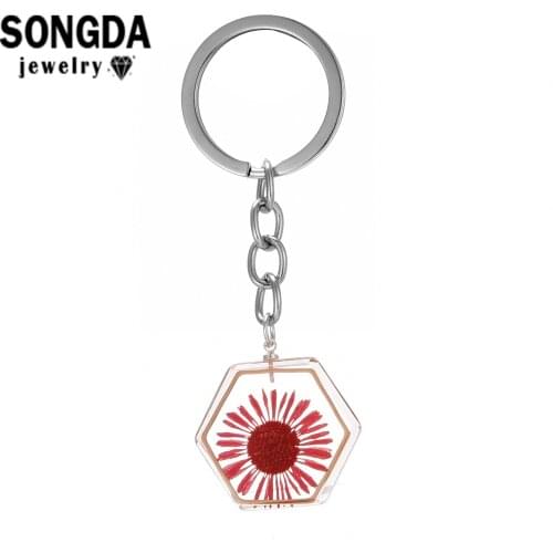 SONGDA Eternal Flower Series Keychain Transparent Glass Hexagon Style Keychain Elegant and Beautiful Art Design Backpack Pendant
